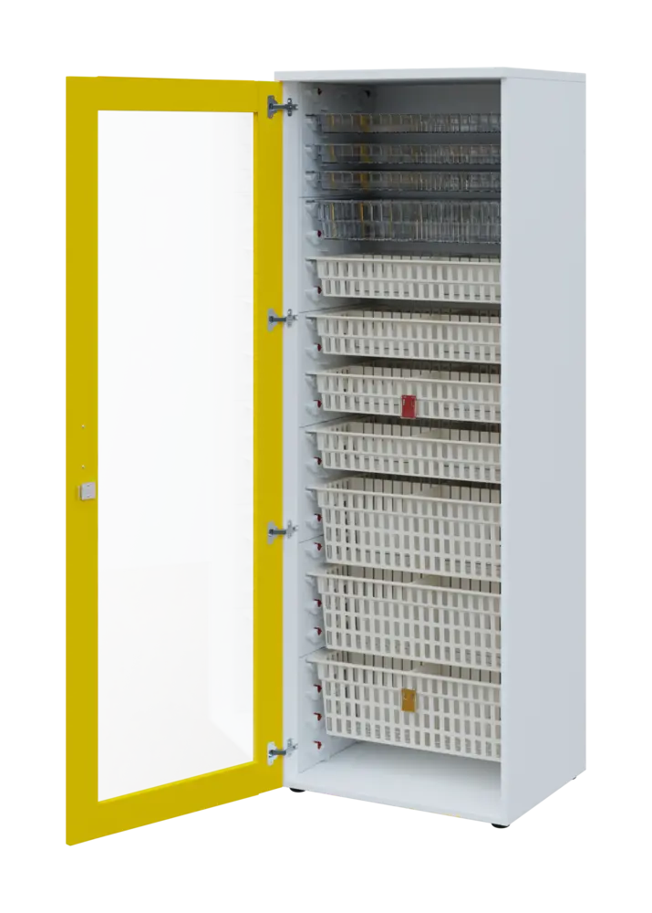 EUROMEDICA S - 66 skříň léková boxová, 1-dveřová/prosklená, levá, 1950x660x535, korpus bílý, dvířka žlutá odio